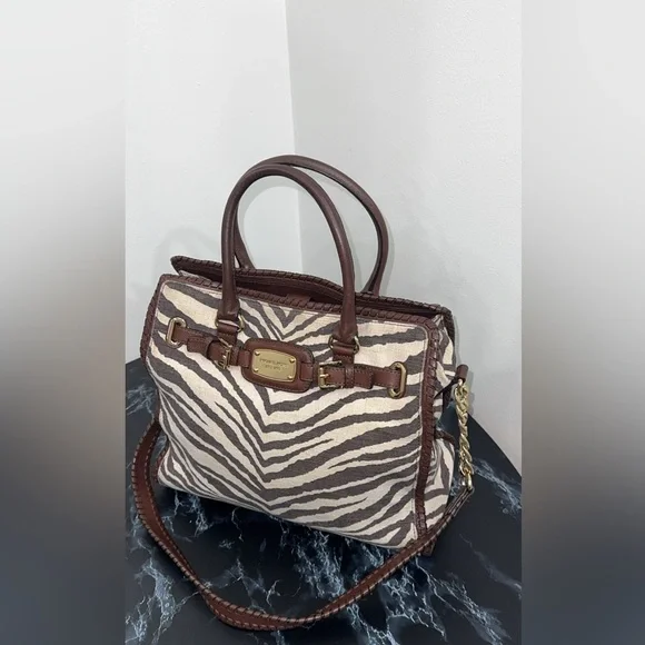 MICHAEL KORS Large Handbag Hamilton Zebra Print Brown Ivory AUTHENTIC - Picture 4 of 14